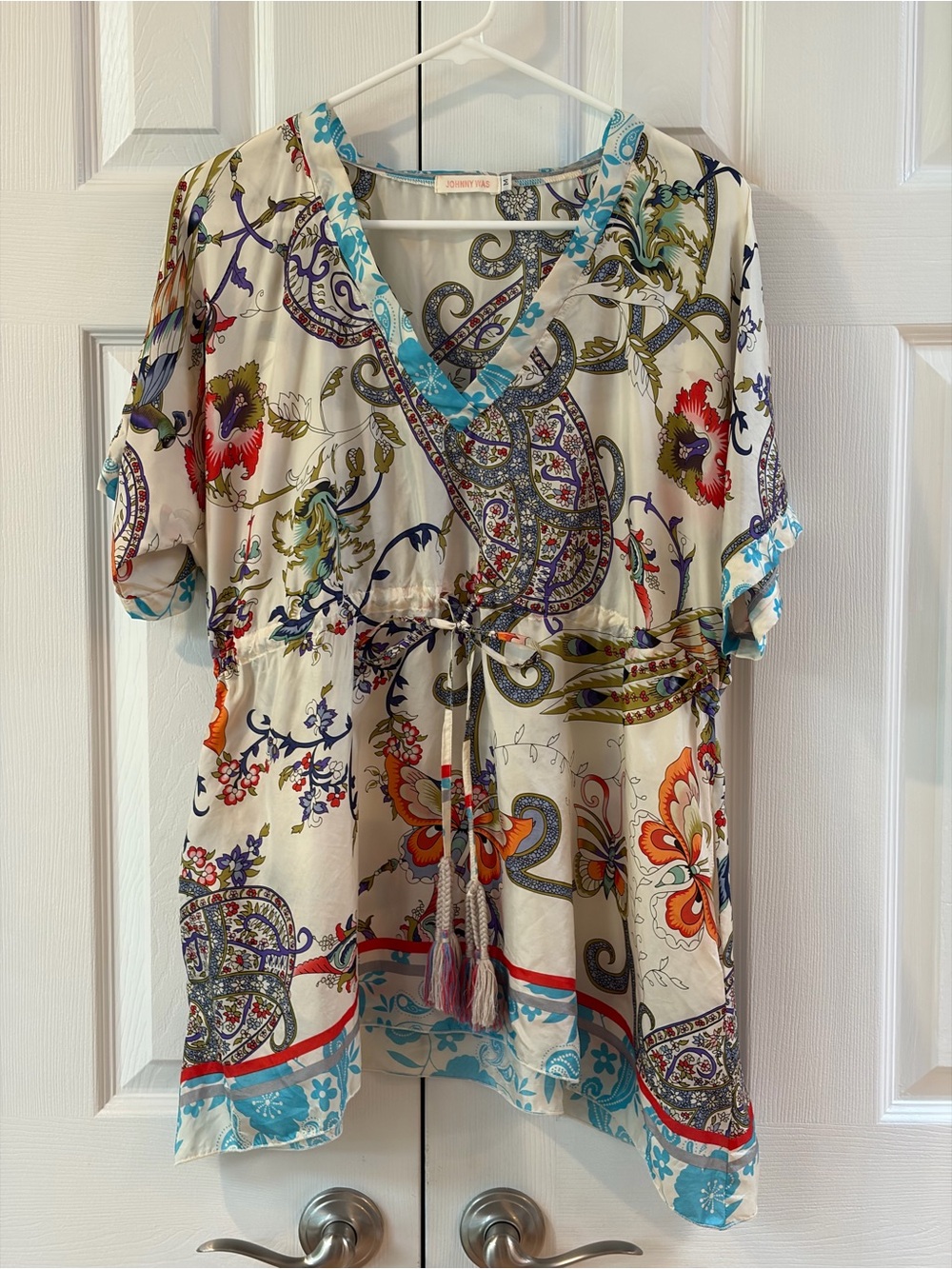 Johnny Was Floral Short Sleeve Silk Blouse with Drawstring String Waist Size M